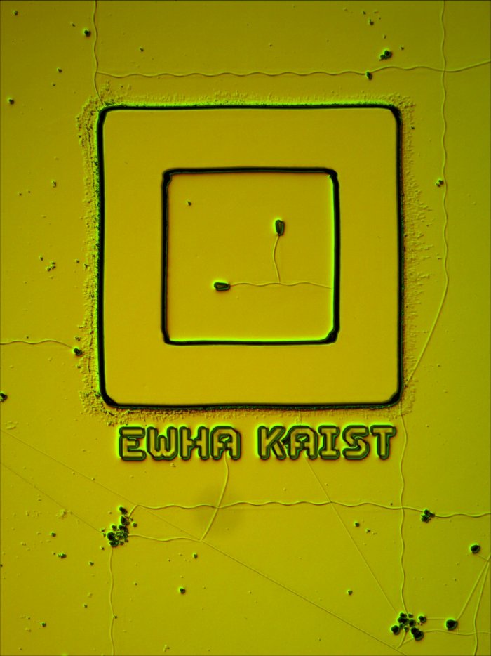 Brüche in der Nanostruktur Gelbe Fläche, in der dicke, schwarze Kerben zwei Quadrate bilden, die ineinander liegen. Außerdem sind einige schwarze Punkte über der Fläche verteilt. Zwischen den Punkten sowie zwischen Punkten und Kerben haben sich Brüche gebildet, die als feine Linien zu sehen sind.
