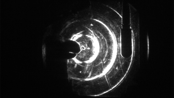 Helle konzentrische Ringe um das Modell der Krebsschere auf dunklem Hintergrund