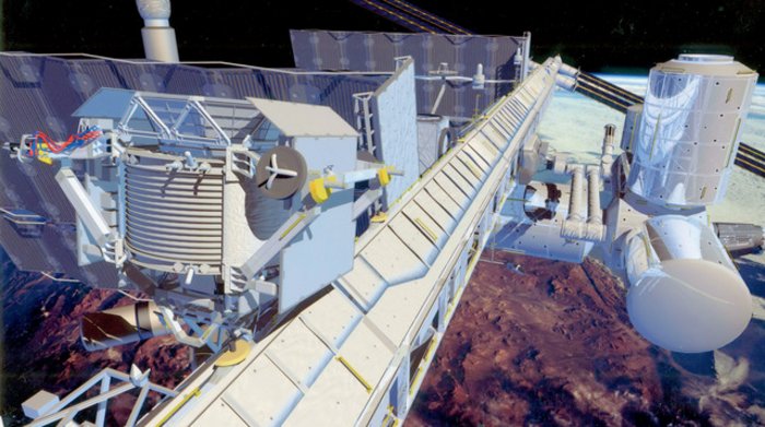 Computergeneriertes Modell der ISS mit dem AMS-02-Detektor Computergeneriertes Modell der ISS im Weltraum, an dem vorne links der AMS montiert ist. Im Hintergrund die Erde.
