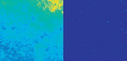 Zwei Abbildungen des selben Himmelsausschnitts. Links: Quadrat mit überwiegend hellblauem Hintergrund vor dem man links unten dunkelblaue und oben rechts gelbe bis rote Strukturen sieht. Recht: Dunkelblauer Hintergrund mit wenigen kleinen hellblauen Flecken.