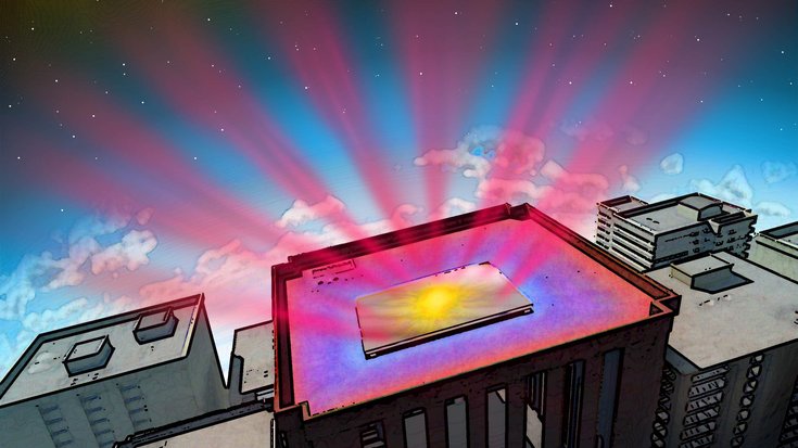 Auf einem Gebäude ist der viereckige Strahlungskühler unter dem Einfluss von Sonnenstrahlung, der gleichzeitig Strahlung emittiert.