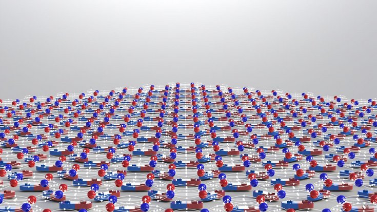 Spin-Eis, Bildquelle: Yong-Lei Wang, Zhili Xiao; Lizenz: gemäß den Bedingungen der Quelle Areal von winzigen Nanomagneten, die in einer zweidimensionalen Schicht angeordnet sind (Grafik)
