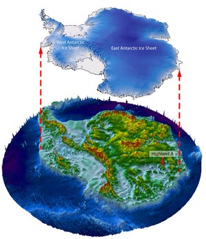 Grafik: Die Eishülle der Antarktis wird abgehoben und darunter erscheint ein physisches Profil mit Gebirgen und Tälern