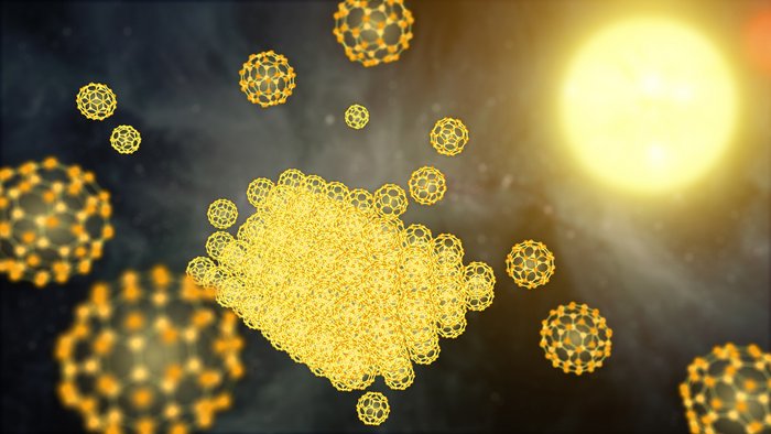 Staubkörnchen aus Kohlenstoff Die Künstlerische Darstellung zeigt die Kohlenstoff-Moleküle als kugelförmige Struktur aus einzelnen Atomen. In der Mitte ballen sich mehrer Kugeln zu einem Verband zusammen, aus dem ein Staubkorn entstehen kann. Im Hintergrund ist der Stern dargestellt, in dessen Nähe die Forscher den Staub entdeckt haben.