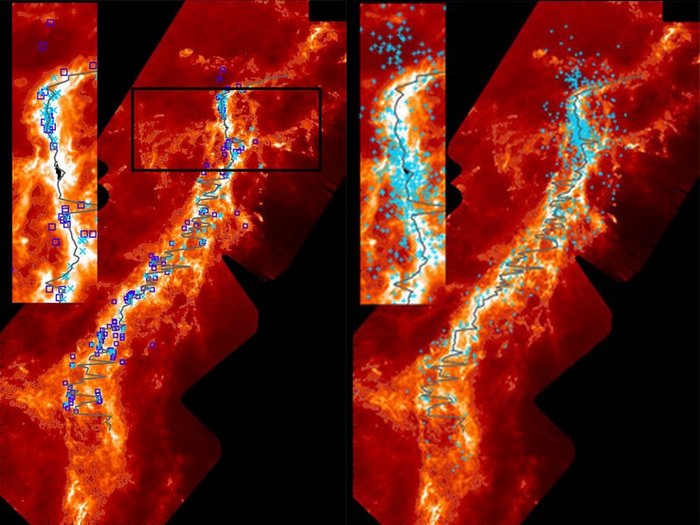 Zwei Bilder einer filamentartigen Struktur. Symbole markieren die Positionen von Protosternen und jungen Sternen.