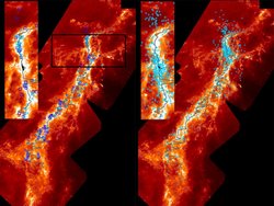 Zwei Bilder einer filamentartigen Struktur. Symbole markieren die Positionen von Protosternen und jungen Sternen.