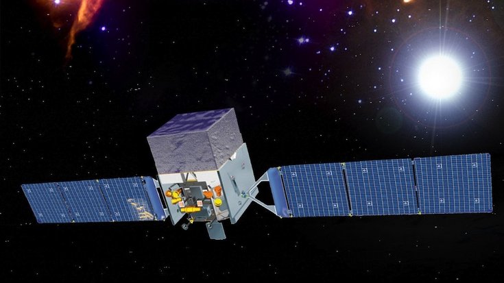 Ein Weltraumteleskop mit Solarpanelen vor dunklem Hintergrund. In der Ecke strahlt ein helles Objekt. 