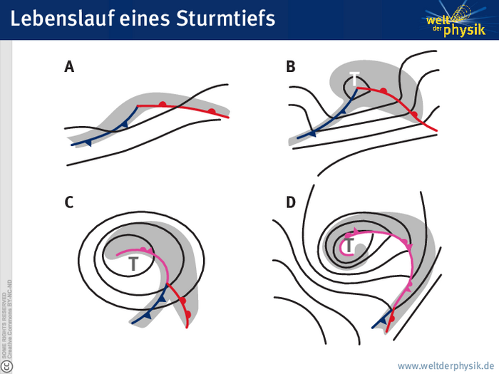 Infografik in vier Teilen für die vier Stadien einer Tiefdruckentwicklung. Schwarze Linien umgeben das Tiefdruckgebiet - sie geben die Isobaren wieder, die Linien gleichen Luftdrucks. Farbige Linien, die aus dem Tief herausragen, stehen für die Luftmassengrenzen, die Fronten.