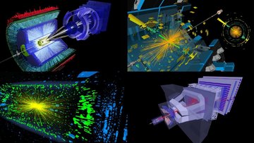 Collage aus vier Darstellungen von Teilchenkollisionen im Large Hadron Collider. Bunte Linien, Bögen und Punkte auf schwarzem Hintergrund zeigen die Flugbahnen und Signale der bei den Kollisionen erzeugten Teilchen.