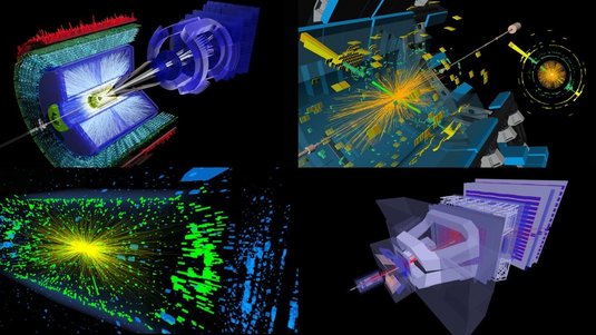 Collage aus vier Darstellungen von Teilchenkollisionen im Large Hadron Collider. Bunte Linien, Bögen und Punkte auf schwarzem Hintergrund zeigen die Flugbahnen und Signale der bei den Kollisionen erzeugten Teilchen.