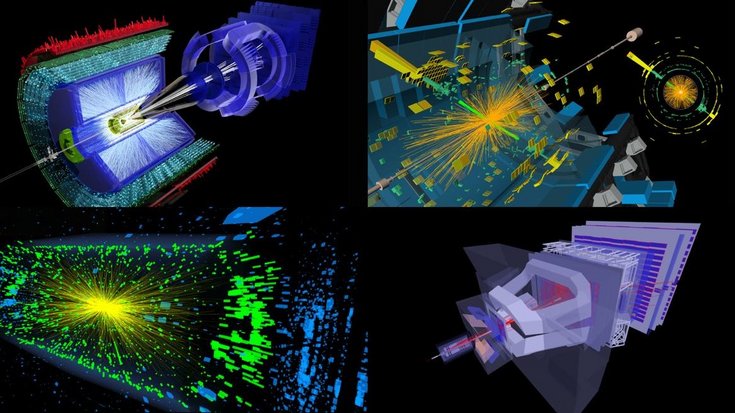 Collage aus vier Darstellungen von Teilchenkollisionen im Large Hadron Collider. Bunte Linien, Bögen und Punkte auf schwarzem Hintergrund zeigen die Flugbahnen und Signale der bei den Kollisionen erzeugten Teilchen.