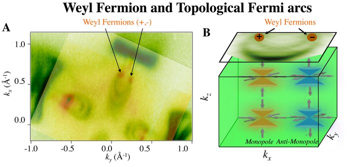 Fingerabdruck des Weyl-Fermions Links mikroskopische Abbildung einer verschwommenen Struktur mit ovalen Linien, rechts davon eine Grafik mit vier Sanduhren-förmigen Objekten, die durch Pfeile verbunden sind, darüber sind zwei Fermionen eingezeichnet.