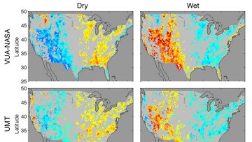 Einfluss der Bodenfeuchte auf Niederschlag am Folgetag in den USA: Im Westen dominiert ein positiver, im Osten dagegen ein negativer Zusammenhang.