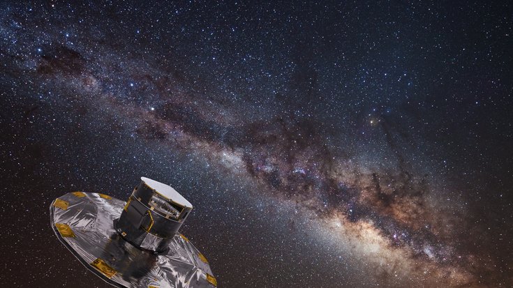 Die computergenerierte, künstlerische Darstellung zeigt das Weltraumteleskop Gaia und im Hintergrund die Milchstraße