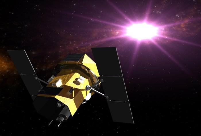 Satelliten-Observatorium Swift Satellit mit Solar-Panelen im Weltall, rechts oben davon eine hell leuchtende Strahlungsquelle