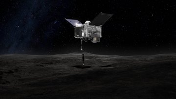 Die künstlerische Darstellung zeigt, wie sich die Raumsonde der Oberfläche des Asteroiden Bennu nähert.
