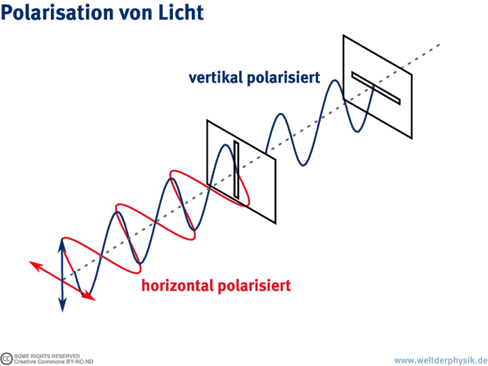Polarisation von Licht Grafik: Zwei Lichtwellen laufen auf einen senkrechten Spalt zu. Die eine schwingt in horizontaler Richtung, die andere vertikal. Nur die vertikal schwingende kommt durch, an einem zweiten waagerechten Spalt ist aber auch für sie Schluss.
