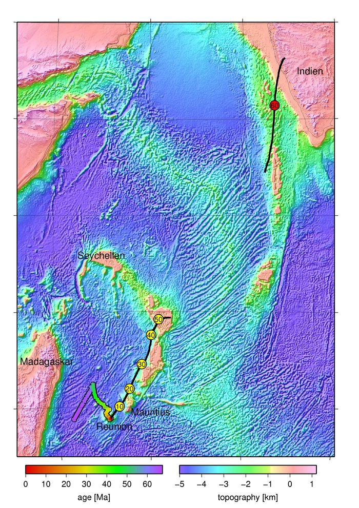 Karte vom Erd- und Meeresboden um Mauritius, die Seychellen und Reunion, eingefärbt in verschiedenen Farben. Die Positionen des Hotspots sind westlich von Reunion zu sehen, die schwarze Linie für die berechnete Spur beginnt bei 50 Millionen Jahren im Nordteil von Mauritius, sie wandert dann an der westlichen Küste Mauritius nach Süden, bei 10 Millionen Jahren liegen sie zwischen Mauritius und der südlicheren Insel Reunion.