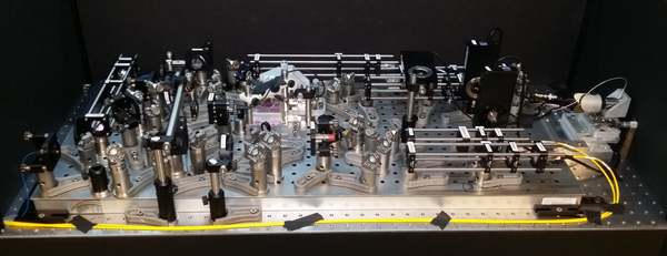 Auf dem Bild ist ein Labortisch mit vielen kleinen Spiegeln und weiteren optischen Bauteilen zu sehen. Mit deren Hilfe werden die verschränkten Photonen durch die Interferometer gelenkt.
