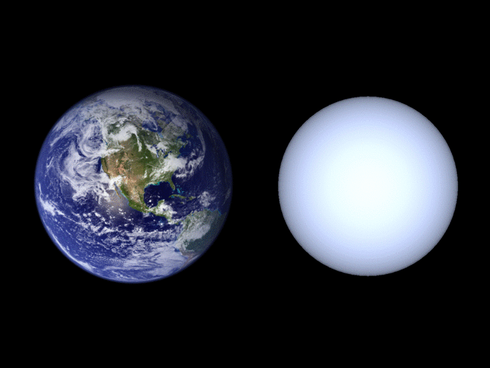 Links die Erde, rechts ein etwa gleich großer Weißer Zwerg.