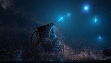 Rückseite eines Teleskopspiegels, gehalten von einem Metallgestänge, das am Nachthimmel blaue Blitze registriert
