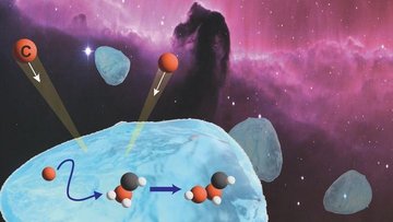 Schematische Darstellung von roten, weißen und Schwarzen Kugeln, die sich zusammenfinden, vor einem Eiskorn und einem interstellaren Nebel.