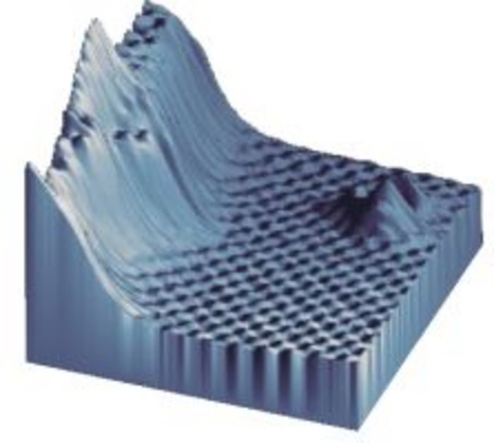 Nickeloxid-Oberfläche Grafik, wie der Fuß einer Klippe am Meer aussehend, vorgelagert eine kleine Insel.