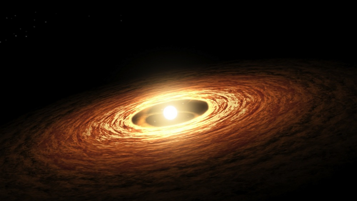 Künstlerische Darstellung der protoplanetarische Scheibe, Bildquelle: Nasa/JPL/Caltech; Lizenz: gemäß den Bedingungen der Quelle / frei für WdP / CC / gemeinfrei Im Zentrum eine hell leuchtende Kugel, umgeben von einer wolkigen Scheibe, die gelbt Leuchtet und nach außen dunkler wird vor scharzem Hintergrund.