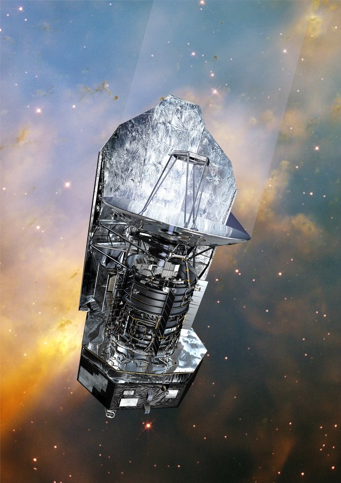 Das Herschel-Weltraumteleskop Fotomontage: Eine Illustration zeigt das Herschel-Weltraumteleskop mit seinem 3,5-Meter-Spiegelteleskop sowie den Kältetank, der die empfindlichen Instrumente beherbergt. Ein silbrig glänzendes Sonnenschild, das auch die Solarpanele trägt, schützt den Satelliten vor der heizenden Sonnenstrahlung. Im unteren Teil des Satelliten sind die elektronische Steuerung und die Systeme zur Kommunikation mit der Erde untergebracht. Im Hintergrund Aufnahmen von interstellaren Wolken und einigen Sternen.