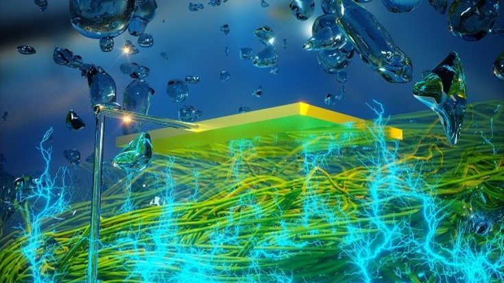 Künstlerische Darstellung des Minikraftwerks | Bildquelle: Ella Maru Studio Künstlerische Darstellung: Am unteren Bildrand windet sich ein Gewirr aus gelben und grünen Fäden, ein Blitz darüber symbolisiert die Elektrizität, am oberen Bildrand blauer Hintergrund, Wassertropfen deuten die hohe Luftfeuchtigkeit an