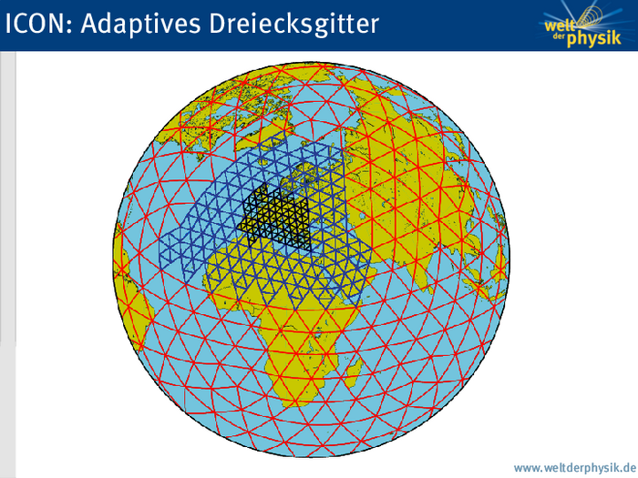 Gitternetz des Wettermodells ICON Erdkugel mit Kontinenten und Ozeanen. Darauf ist ein Gitter gezeichnet, das aus gleich großen Dreiecken zusammengesetzt ist. Über Europa sind die Dreiecke in noch kleinere Dreiecke unterteilt.