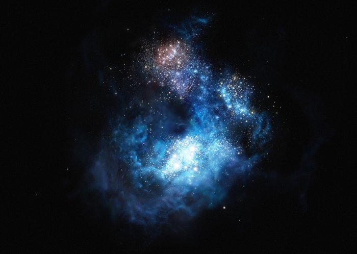 Darstellung der CR7-Galaxie Darstellung einer Galaxie durch helle, nebelartige Strukturen auf dunklem Grund, mit einzelnen funkelnden Sternen darin.