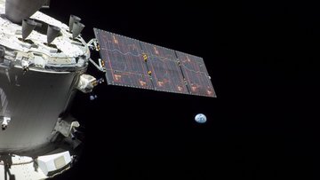 Raumkapsel mit Erde im Hintergrund