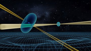 Grafik: Zwei runde Himmelskörper, die von einer blauen Hülle umgeben sind, bewegen sich umeinander; von ihnen gehen kegelförmige Strahlen in jeweils zwei Richtungen aus. Darunter ein Gitternetz mit einzelnen Erhebungen und Senken.