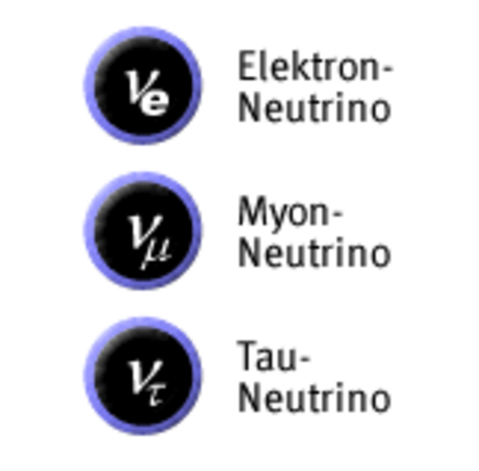 Die drei Neutrinotypen: Elektron-Neutrino, Myon-Neutrino und Tau-Neutrino.