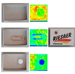 Sieben Bilder einer Streichholzschachtel: Vier herkömmliche Fotos zeigen einmal die äußere Schachtelhülle, dreimal den Innenteil der Schachtel mit unterschiedlichem Inhalt. Die anderen drei Bilder wurde mit Terahertz-Wellen aufgenommen. In farbig dargestellten, leicht verschwommenen Umrissen sind darauf ein rechteckiges Objekt, eine Büroklammer sowie ein kreisförmiges Objekt zu erkennen.