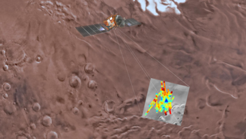Die Illustration zeigt die Raumsonde Mars Express über dem Mars. Auf der Oberfläche sind Messdaten zu sehen.