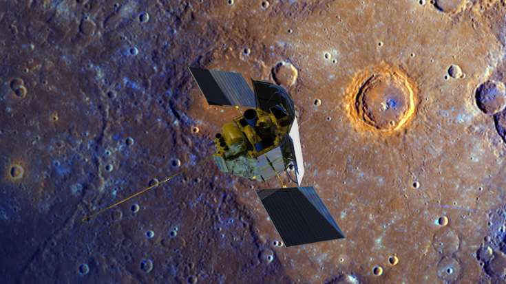 Raumfahrzeug über Planetenoberfläche mit Kratern