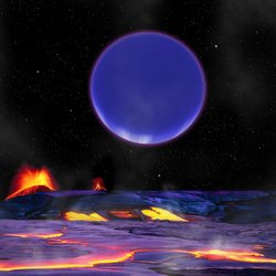 Zu sehen is die Oberfläche eines Exoplaneten, tief über dem Horizont steht groß der zweite Planet.