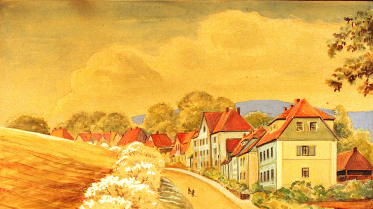 Gemaltes Bild einer Dorfstraße, die in der Ferne leicht enger wird, an ihrem Rand stehen Bäume und Häuser.