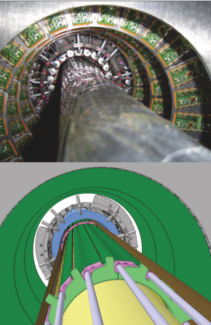 Obige Foto zeigt den Pixeldetektor mit dem eingeführtem Strahlrohr während des Einbaus in Gebäude SR1. Darunter ist der Einbau des "Insertable B-Layers" gerendert dargestellt.