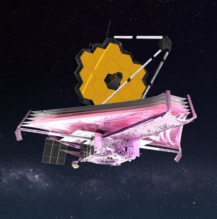 Teleskopaufbau mit mehreren goldenen Spiegeln auf mehreren folienartigem dreieckigem Aufbau. Schwebend vor einem dunklen Sternenhintergrund.
