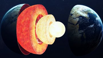 Die Erdkugel in der Hälfte aufgeschnitten und die einzelnen Schalen kommen etwas hervor, sodass jede Schale sichtbar ist.