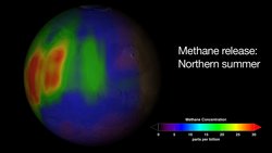 Farblich kodiert wird die Methankonzentration auf der Marsscheibe angezeigt, auf der linken Hälfte sind dioe Werte deutlich erhöht.