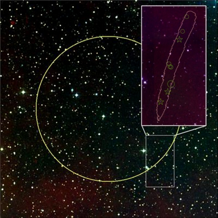 Himmelsausschnitt mit Kreis, Teilausschnitt mit Markierungen für Sterne und Galaxien.