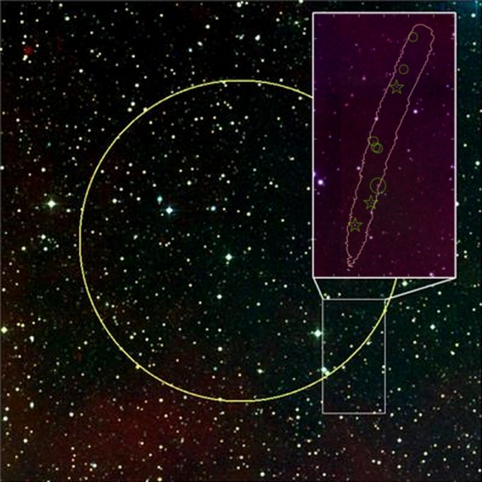 Radioblitz 150807 Himmelsausschnitt mit Kreis, Teilausschnitt mit Markierungen für Sterne und Galaxien.