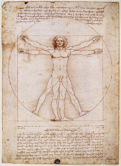 Skizze eines Mannes mit ausgestreckten Armen und Beinen in zwei überlagerten Positionen.