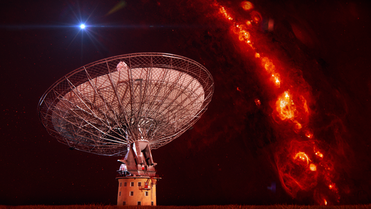 Ein großes Radioteleskop, im Hintergrund Sterne