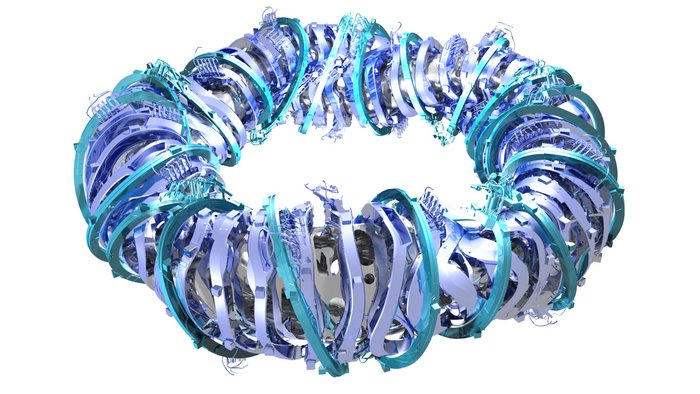 Aufbau der Magnetspulen Die computergenerierte Grafik zeigt die Anordnung der Magnetfeldspulen um den inneren Torus von Wendelstein 7-X. Ihre Form ist dabei recht komplex und leicht verdreht: Dies ist das Ergebnis der Optimierung am Supercomputer.