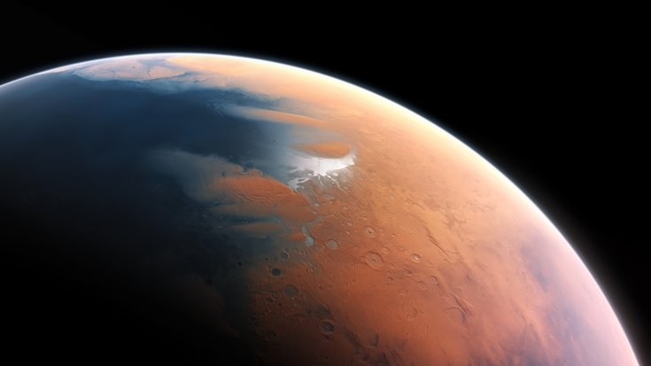 Mars: Planet mit roter, trockener Landfläche und einem blau-spiegelndem Ozean.